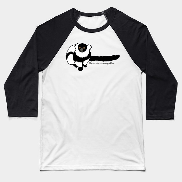 Kizzy B&W Ruffed Lemur w/ Sci name Baseball T-Shirt by wildlifeandlove